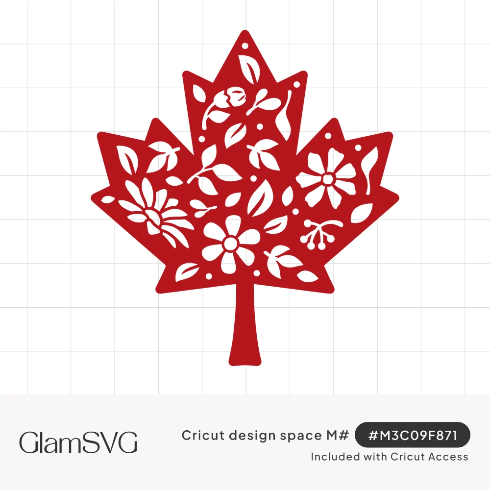 Red maple leaf silhouette with white cutout flowers, leaves, buds and berries filling the shape