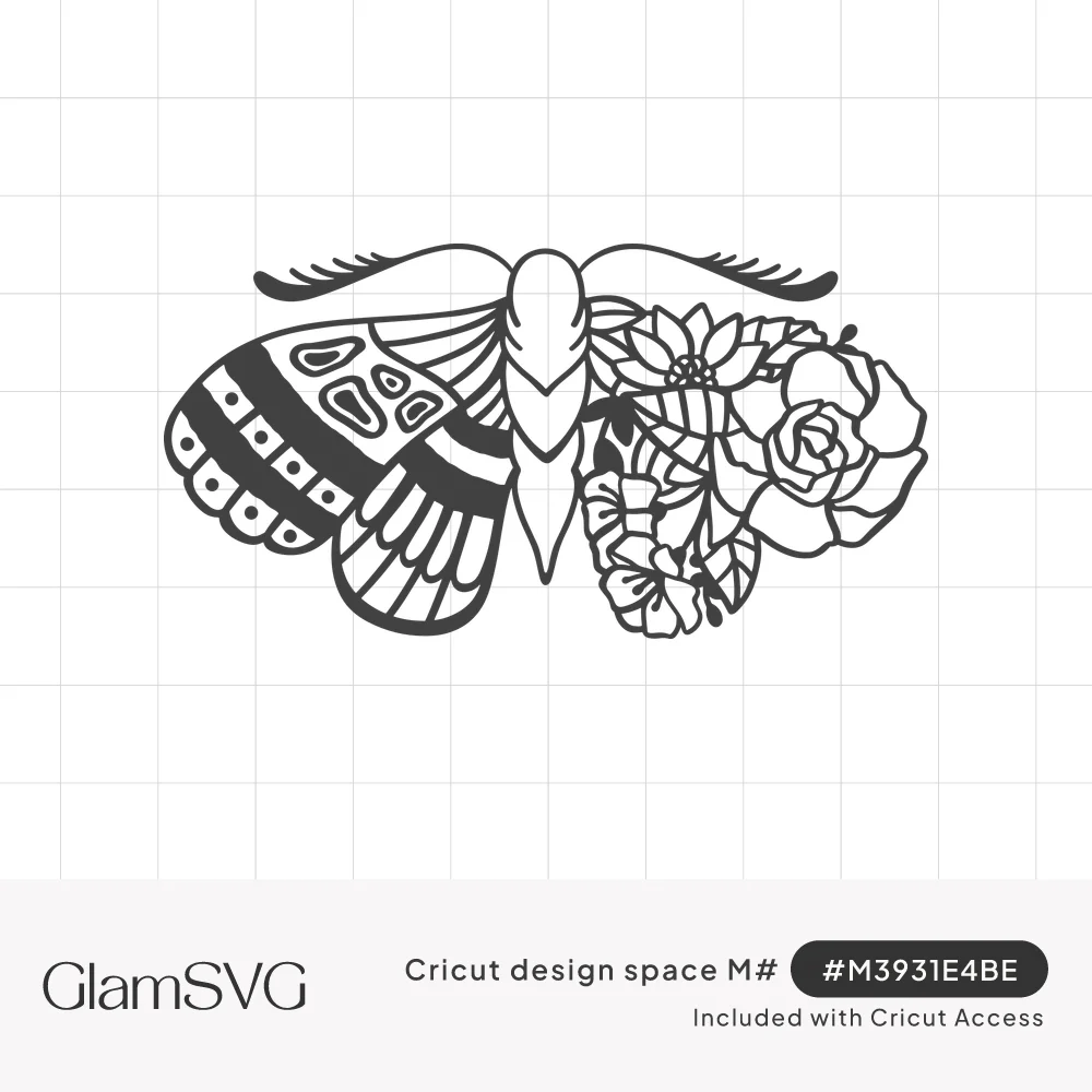 Line art moth with one wing patterned in stripes and dots and the other wing formed from roses and flowers