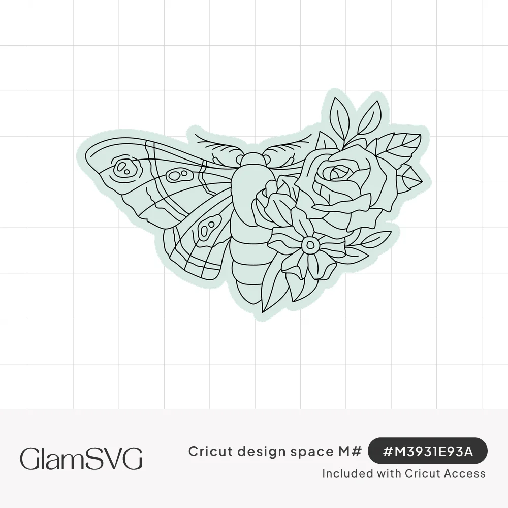 Line drawing of a moth with patterned wings and a cluster of roses, a blossom and leaves covering one side