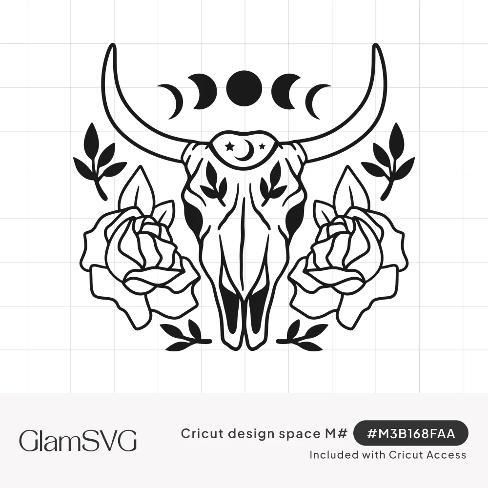 Line art bull skull with long horns, moon phases above, crescent moon and stars on its forehead, and roses on each side