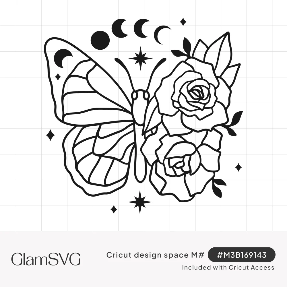 Line art butterfly with one wing replaced by two roses, moon phases above and sparkle stars around it