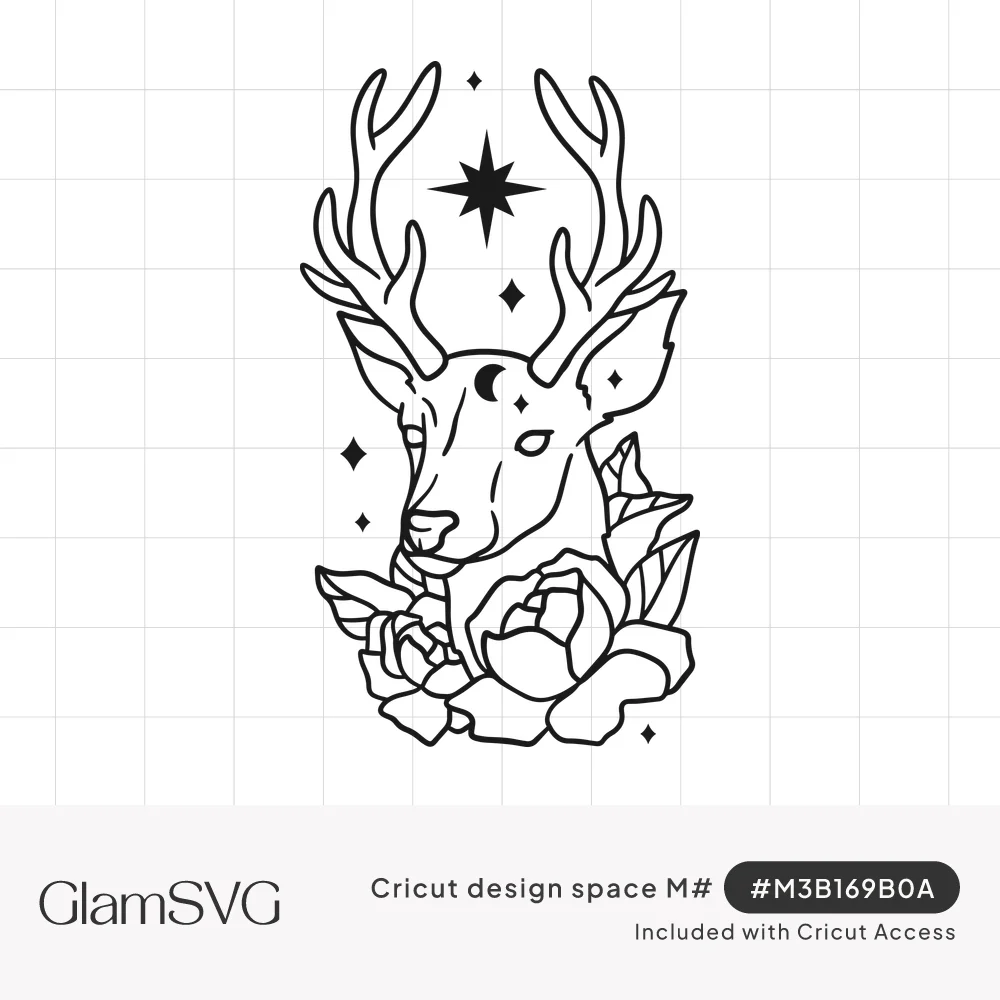 Black line art deer head with antlers, a star above, crescent moon on its forehead, and peony flowers below
