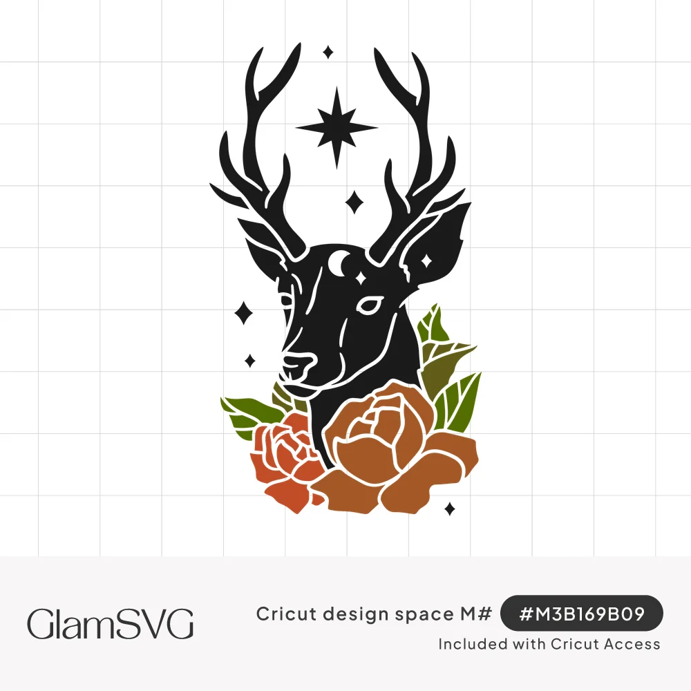 Black deer head silhouette with antlers, crescent moon and stars above orange roses and green leaves