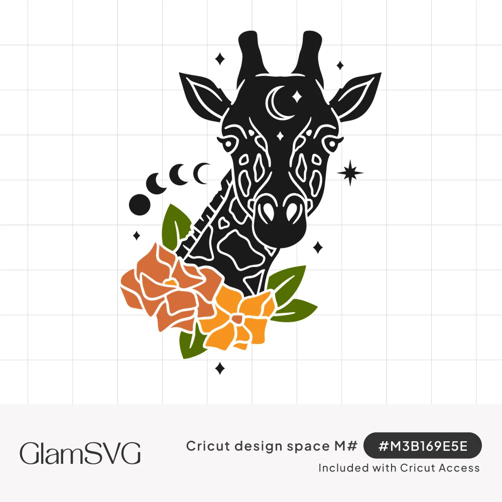 Black giraffe head with crescent moon and star details, surrounded by orange and yellow flowers, leaves and moon phases