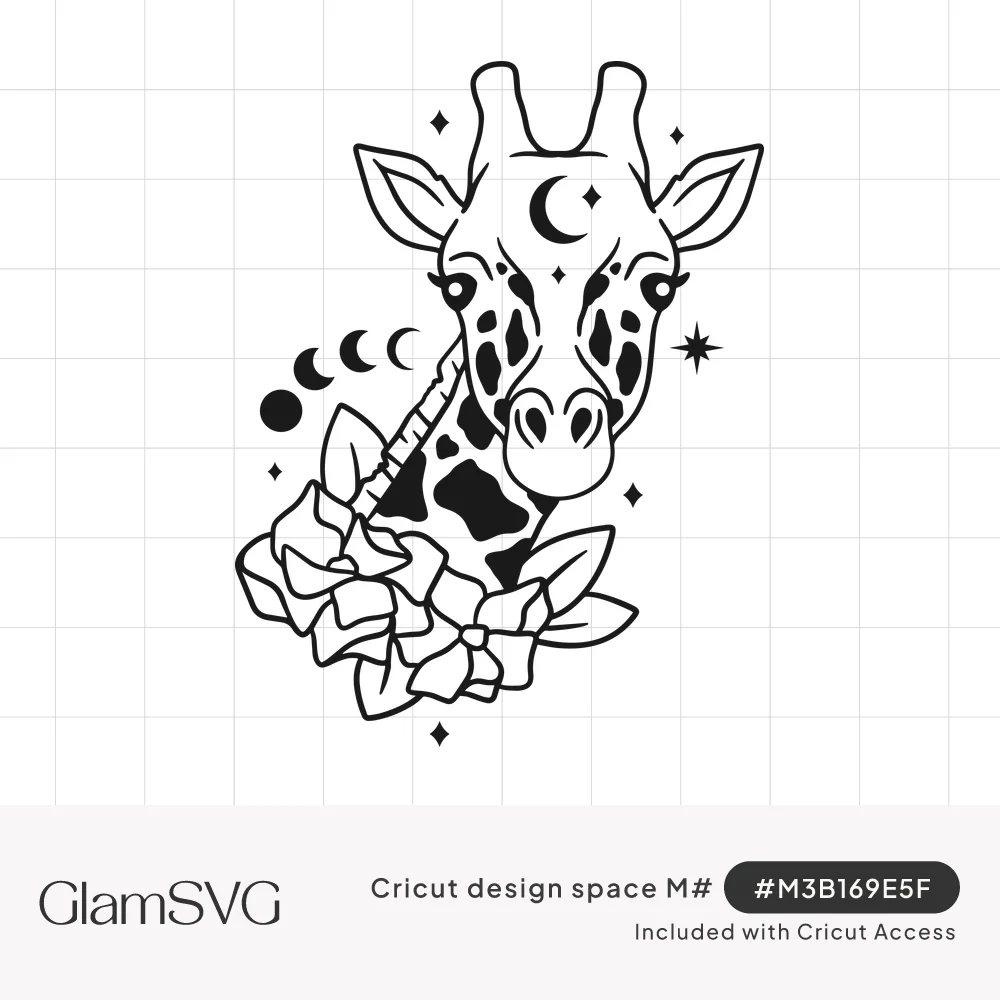 Black line art giraffe head with a crescent moon on its forehead, moon phases, stars and large flowers at its neck