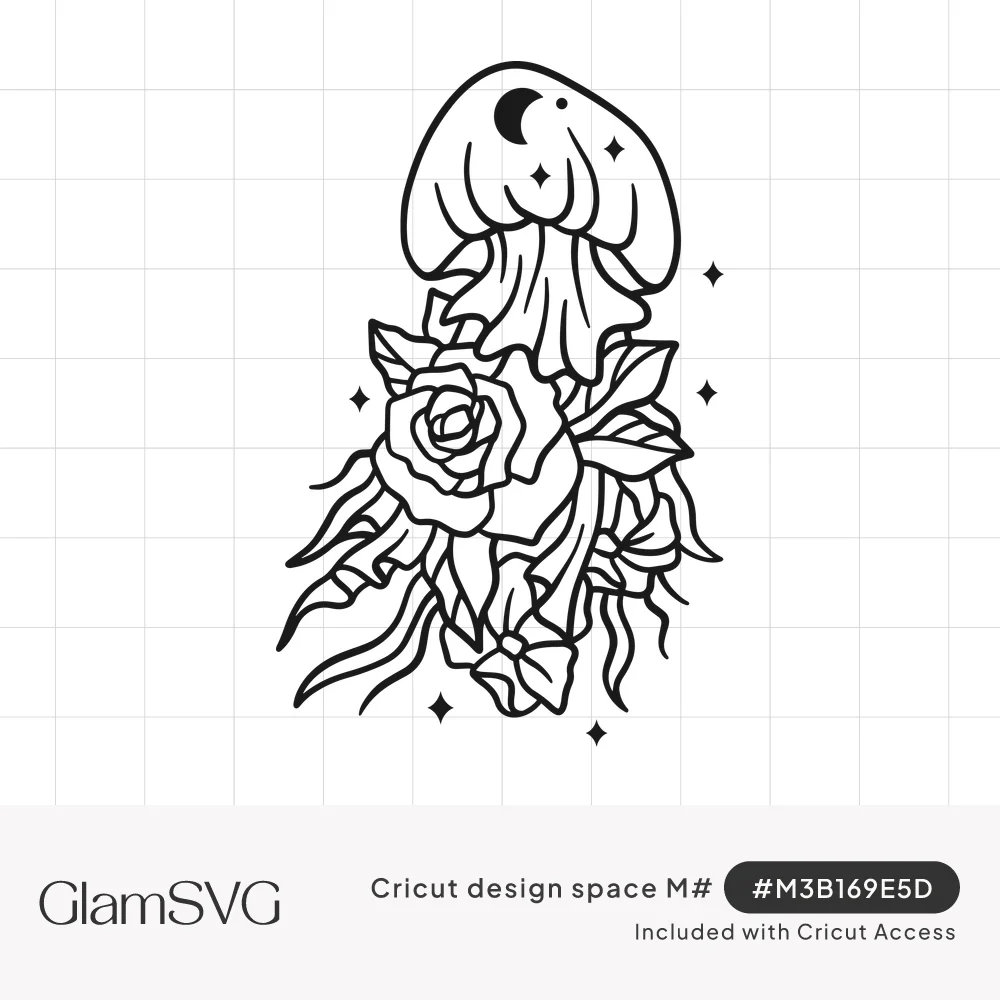 Black line art jellyfish with a crescent moon on its bell, tentacles wrapped around a rose, leaves, a bow and small stars
