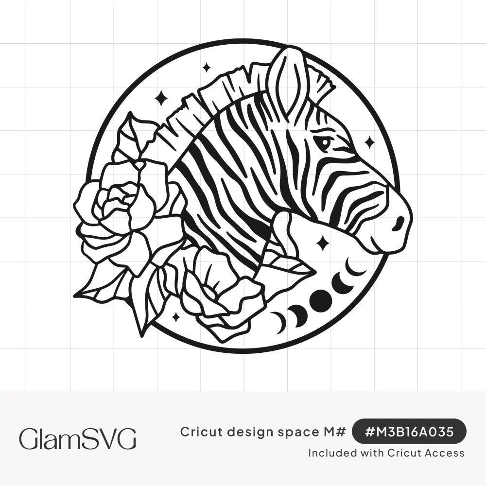 Black line art zebra head in a circle frame with roses on the left, moon phases and small sparkle stars