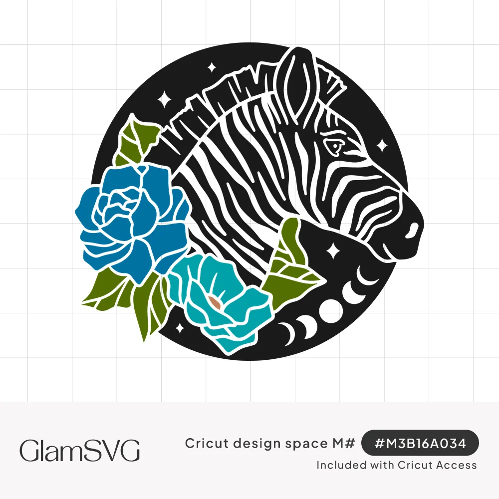 Black and white zebra head in a dark starry circle with moon phases, blue roses and teal flowers with green leaves