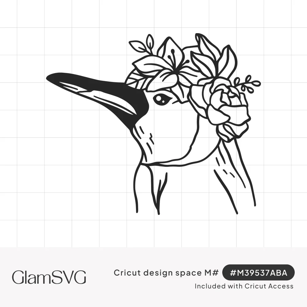 Black line drawing of a penguin in profile with a long beak, wearing a flower crown of lilies, a rose, and leaves