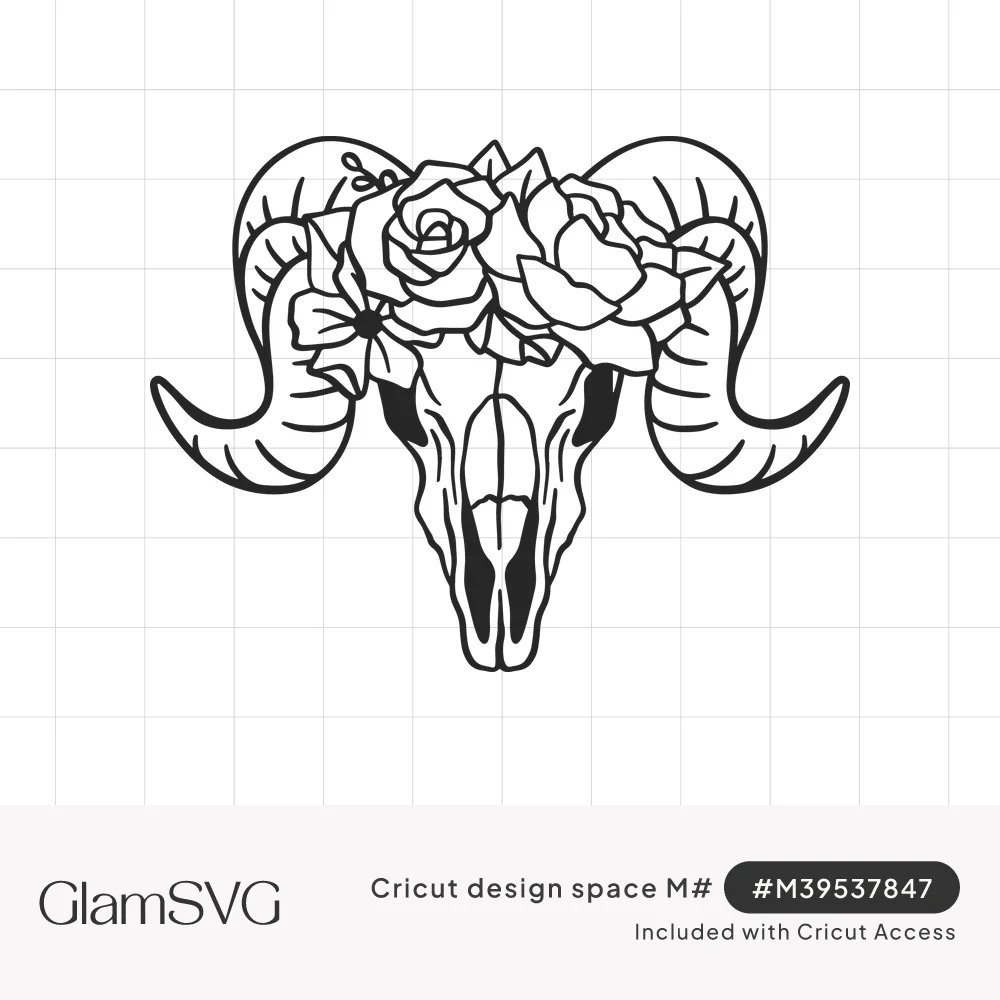 Black outline drawing of a ram skull with curled horns topped by a crown of roses and leaves