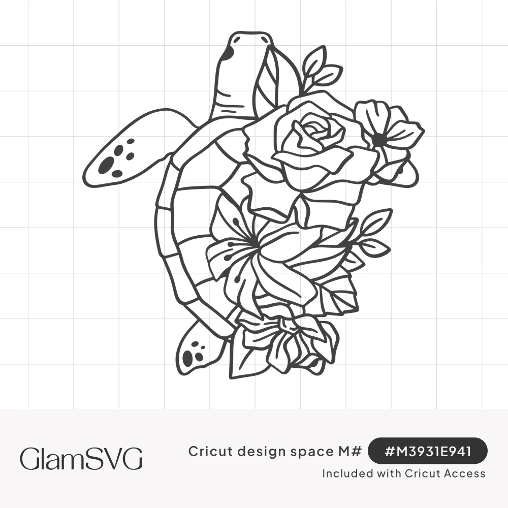 Line art sea turtle swimming upward with roses, lilies and leaves covering half of its shell