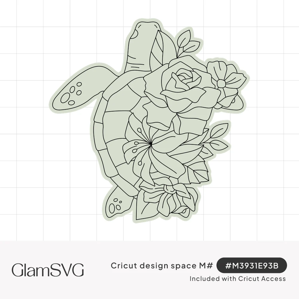 Outlined line drawing of a sea turtle with roses, lilies and leaves covering its shell and flippers