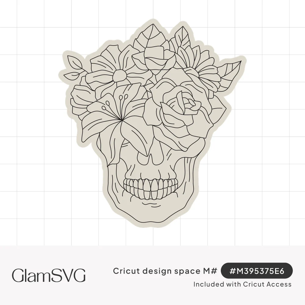 Line-art human skull with a crown of roses, a lily, daisies and leaves covering its eyes, above a toothy grin