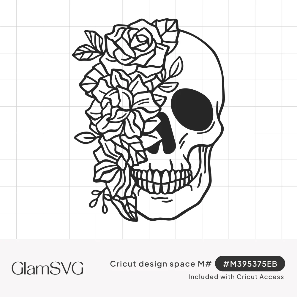 Black line art skull with roses and leaves covering the left half of the face, one solid black eye socket