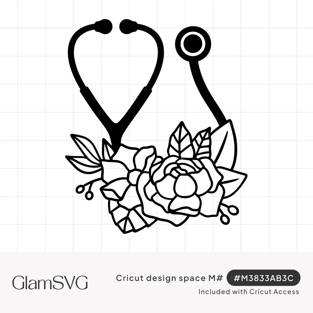 Black line art stethoscope forming a heart shape with a cluster of roses, leaves and berry sprigs at the bottom