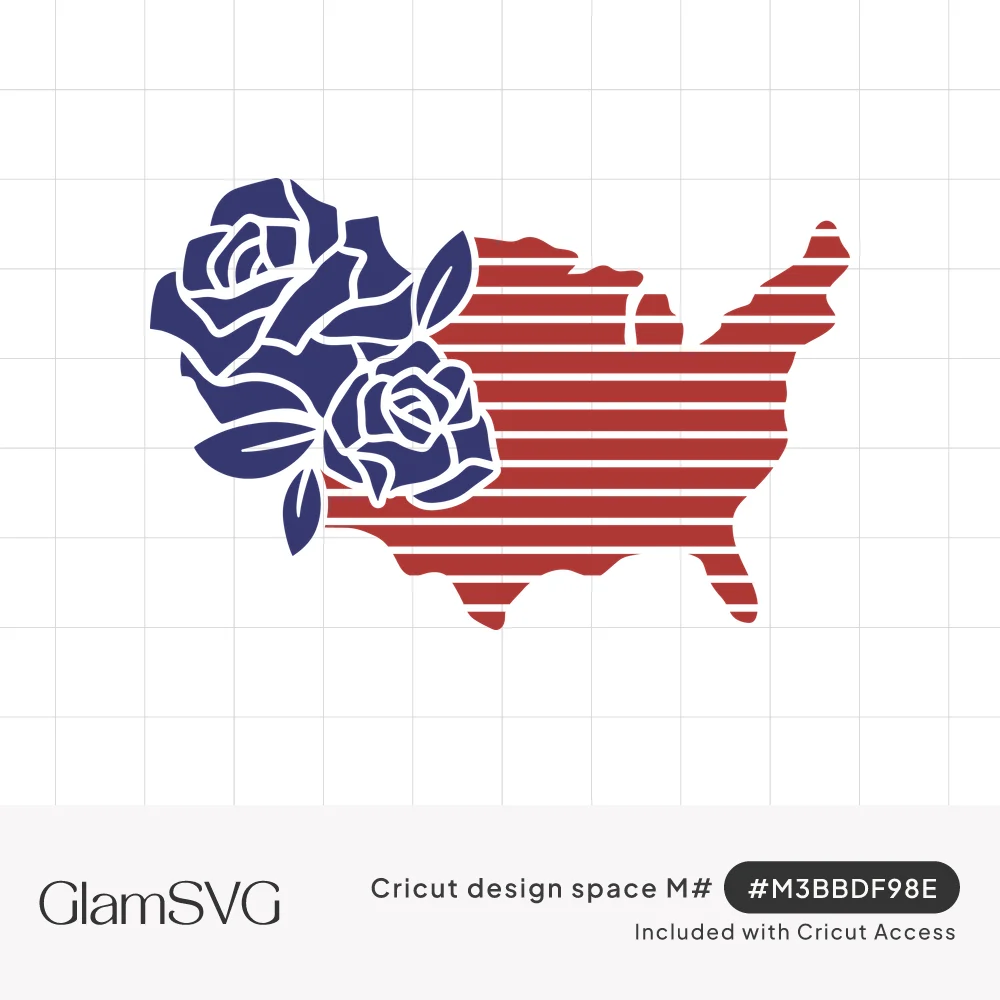 Outline of the United States map with red horizontal stripes and large navy blue roses and leaves on the left side