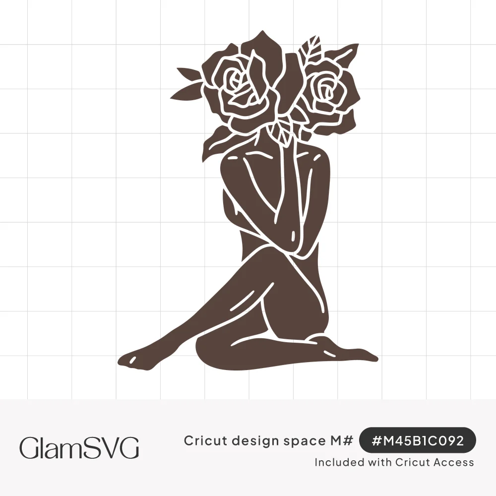 Brown silhouette of a seated woman with crossed legs and folded arms, her head replaced by two large blooming roses