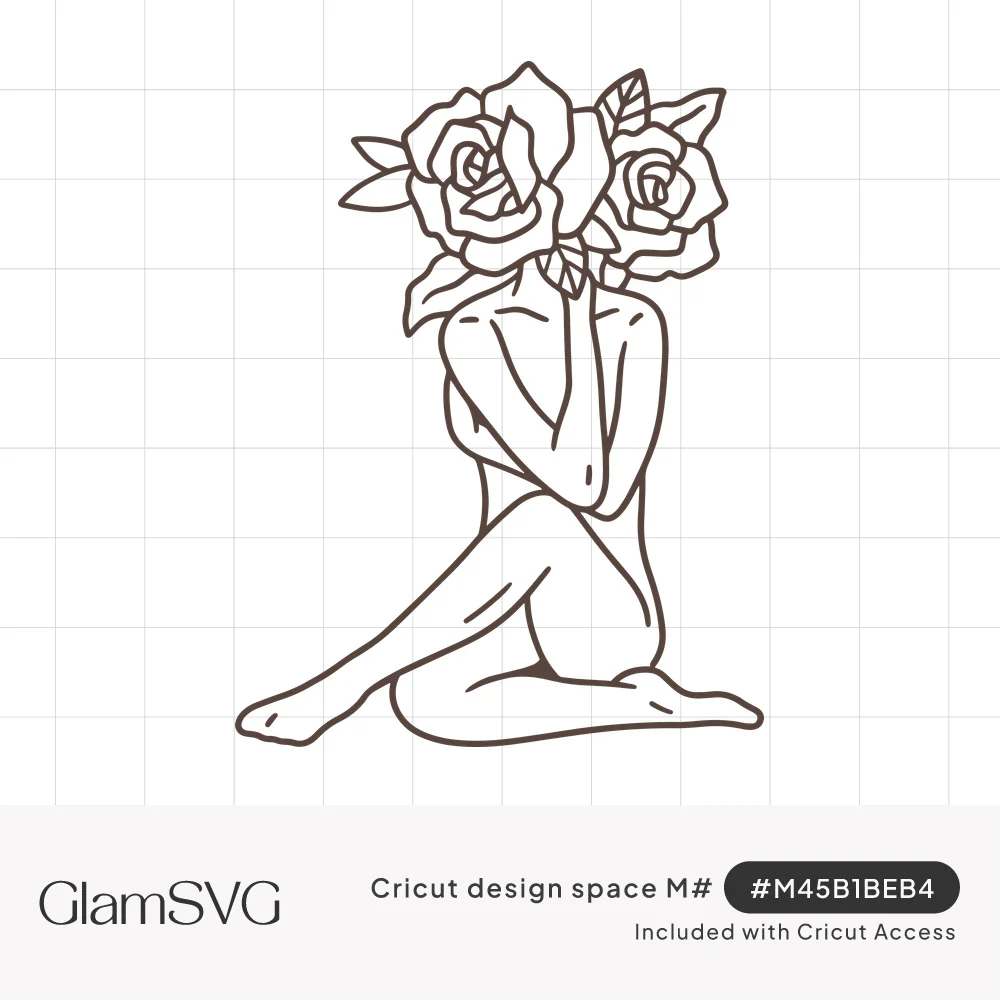 Outline drawing of a seated woman with arms folded and a cluster of roses and leaves in place of her head