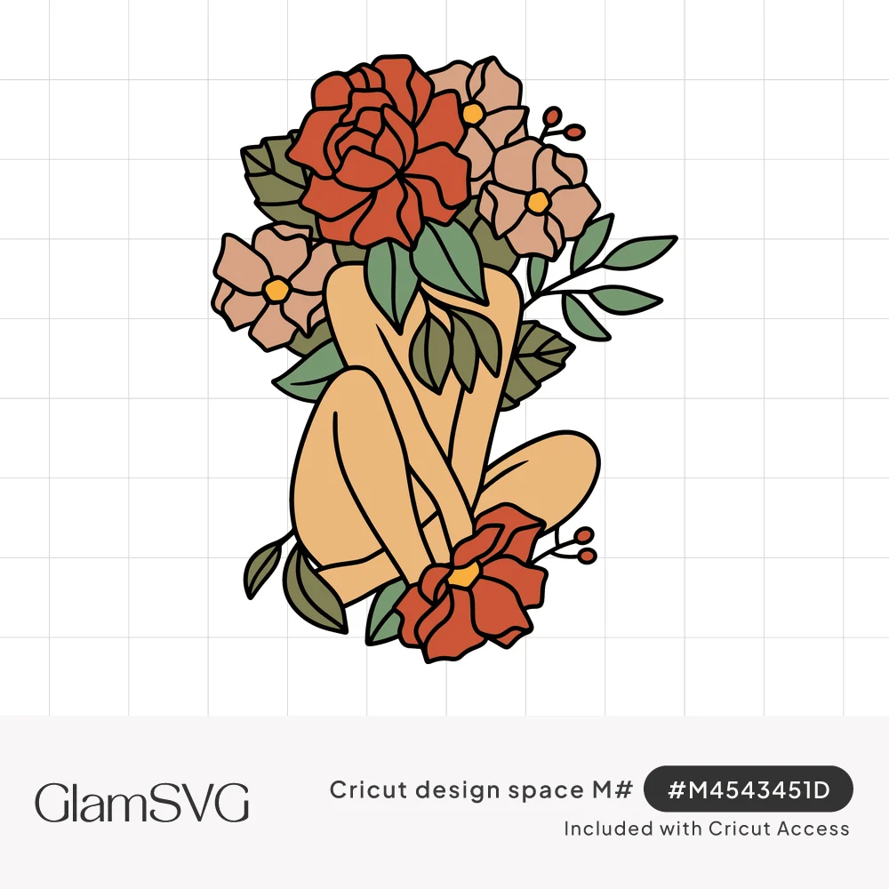 Seated woman hugging her knees with a bouquet of red roses, pink blooms and green leaves in place of her head