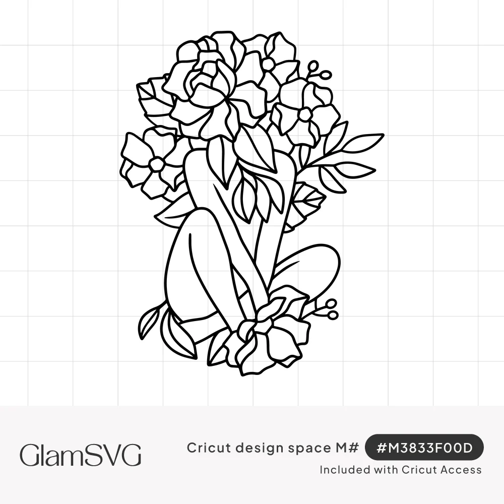 Line art of a seated woman hugging her knees with a bouquet of roses, flowers and leaves blooming in place of her head