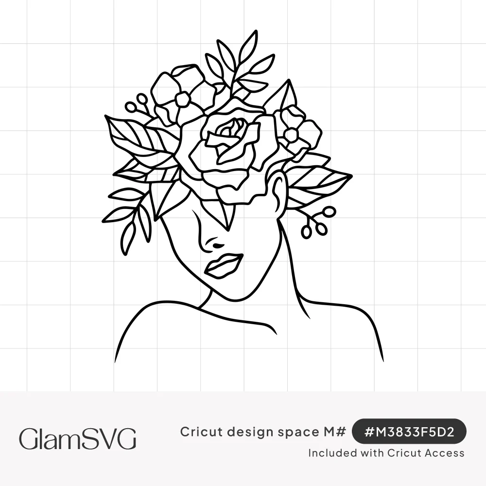 Line art of a woman's face and shoulders with a bouquet of roses, flowers, leaves and berries covering her eyes