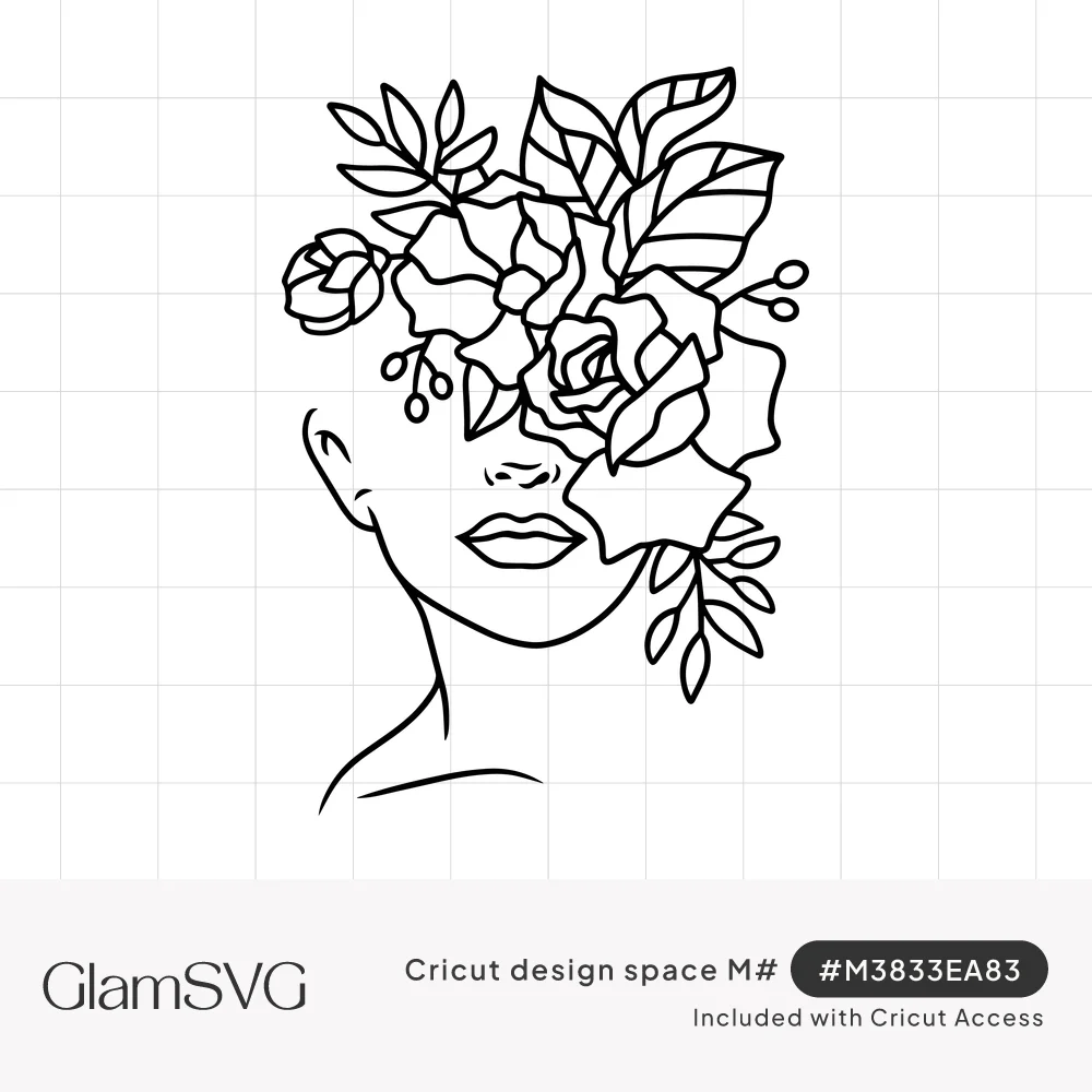 Line art drawing of a woman's face with roses, buds and leaves covering her eyes and hair