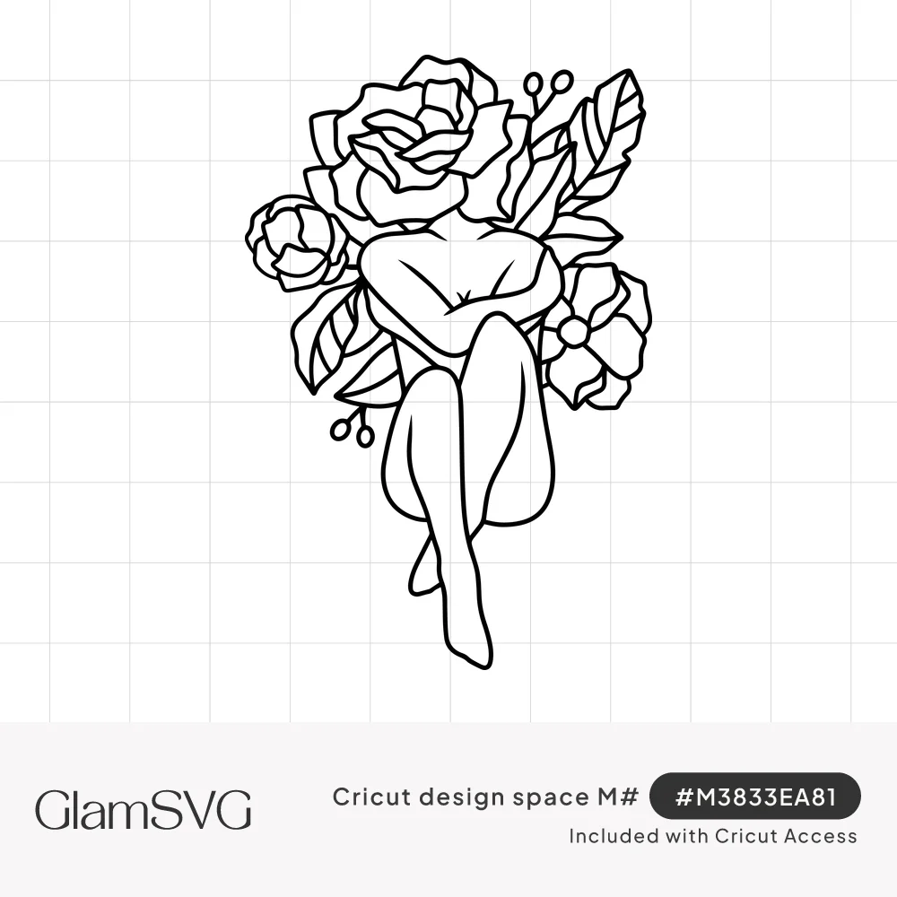 Line art of a seated woman hugging her knees, with roses, peonies, leaves and berries blooming where her head would be