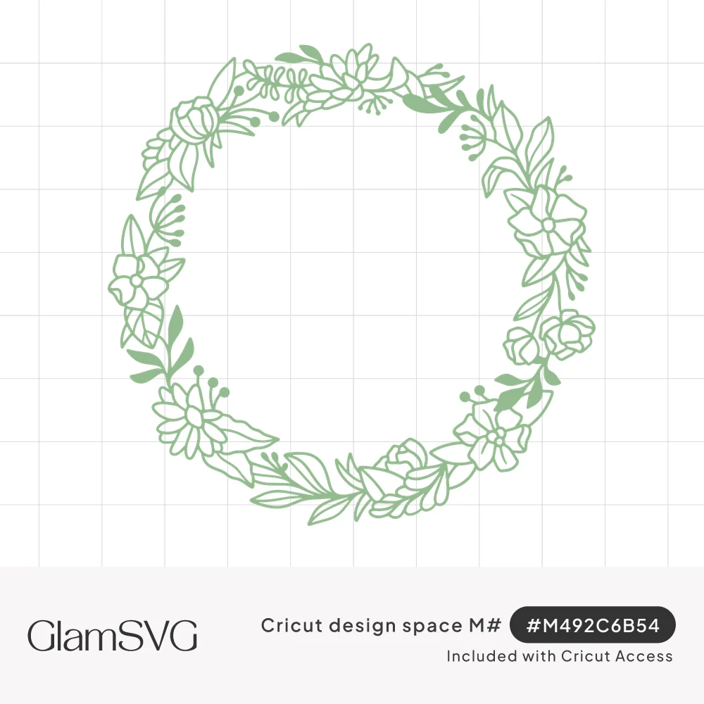 Circular wreath of sage green line-drawn flowers, rosebuds, berry sprigs and leaves with an open blank center