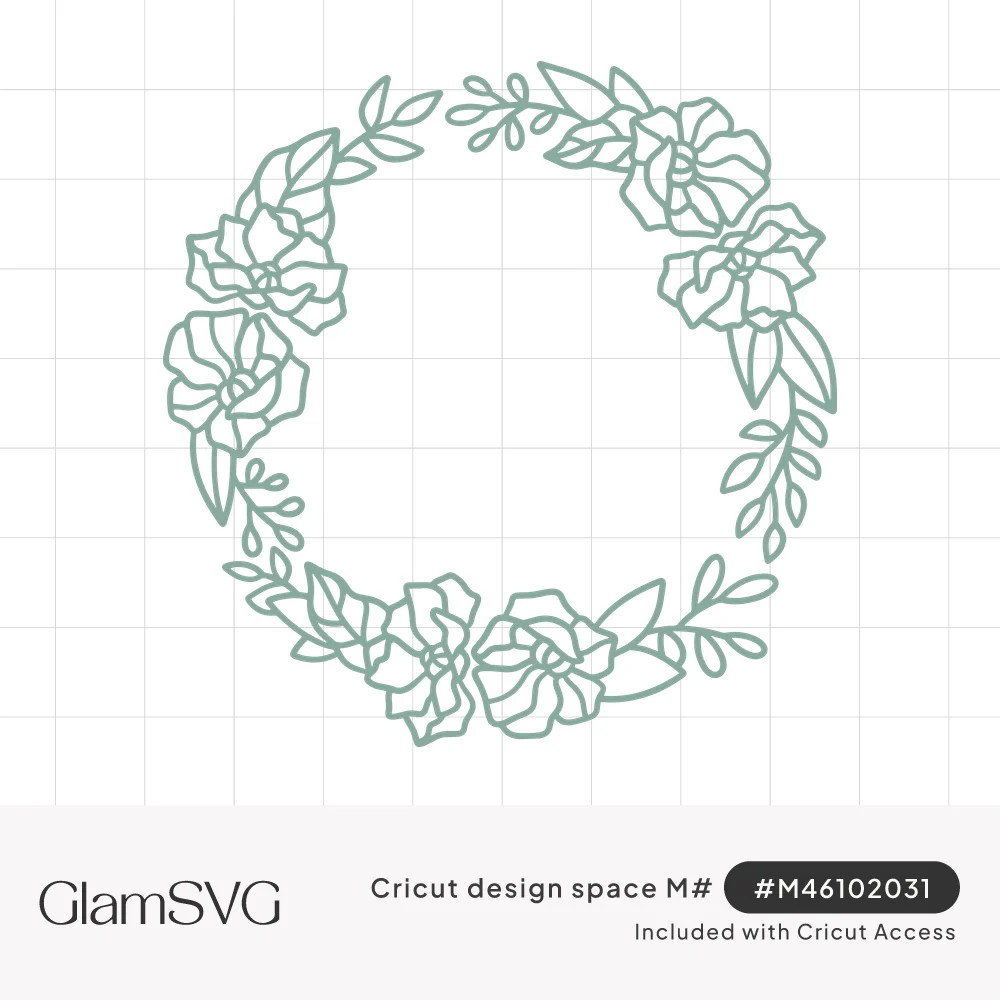 Circular wreath of outlined roses and leafy sprigs in sage green line art with an open empty center