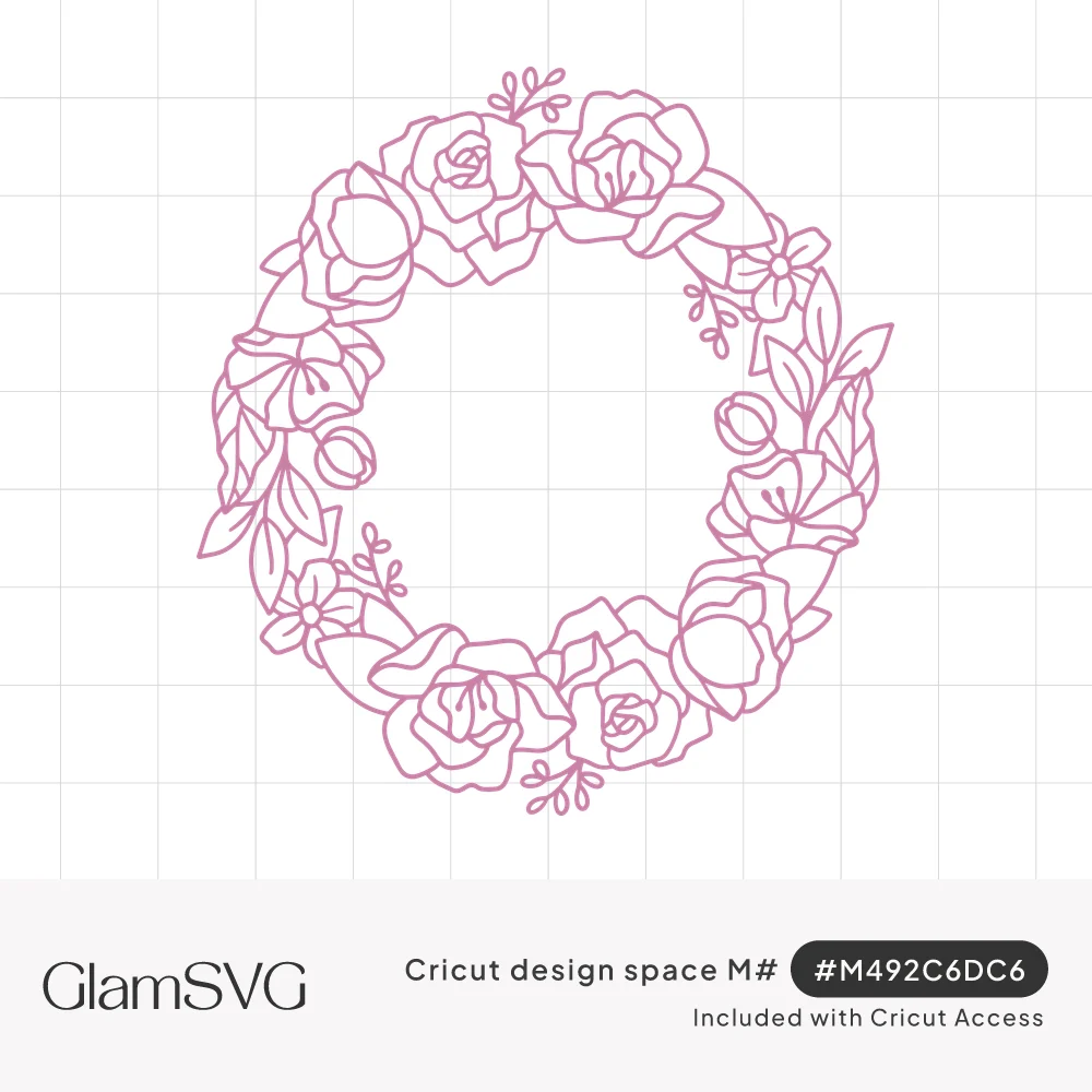 Pink outline drawing of a circular wreath made of roses, peonies, small flowers, leaves and budding sprigs