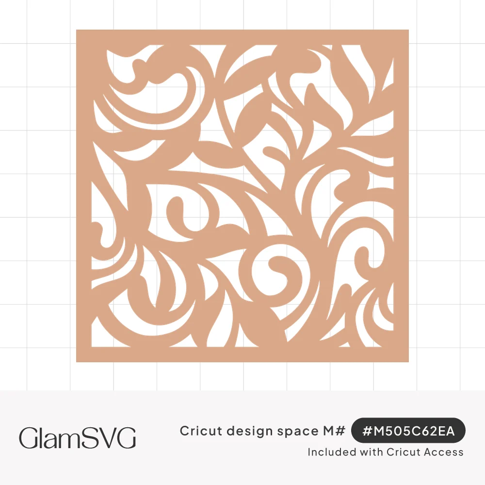 Square cut-out panel filled with swirling leaf scrolls and curled spirals inside a solid border, in a warm tan color