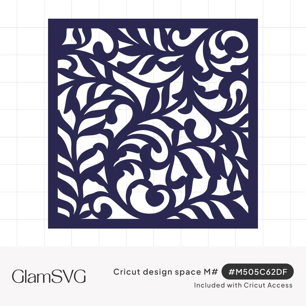 Navy square cutout panel filled with swirling flourishes, curling scrolls and leafy fronds inside a solid border