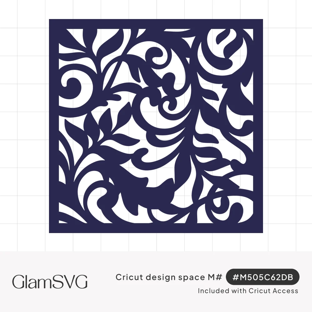 Square navy filigree panel of swirling scrolls and curled leaves with open cutouts inside a solid border