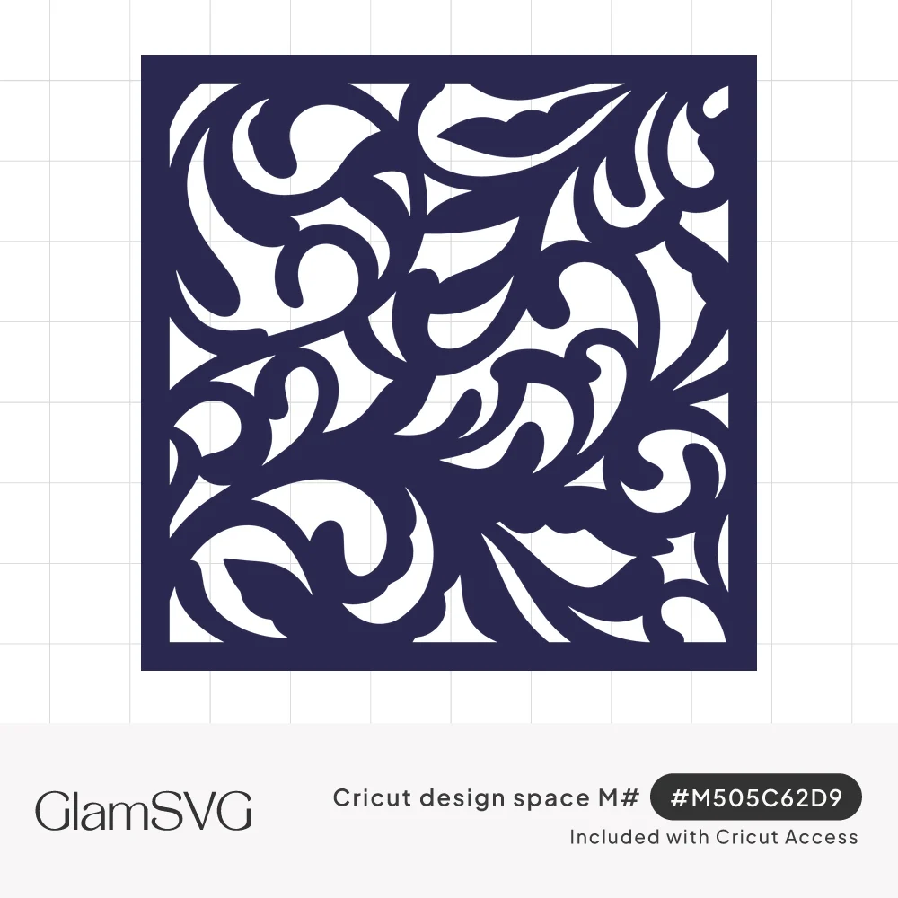 Navy square panel with swirling scroll and leaf flourish cutouts inside a solid border