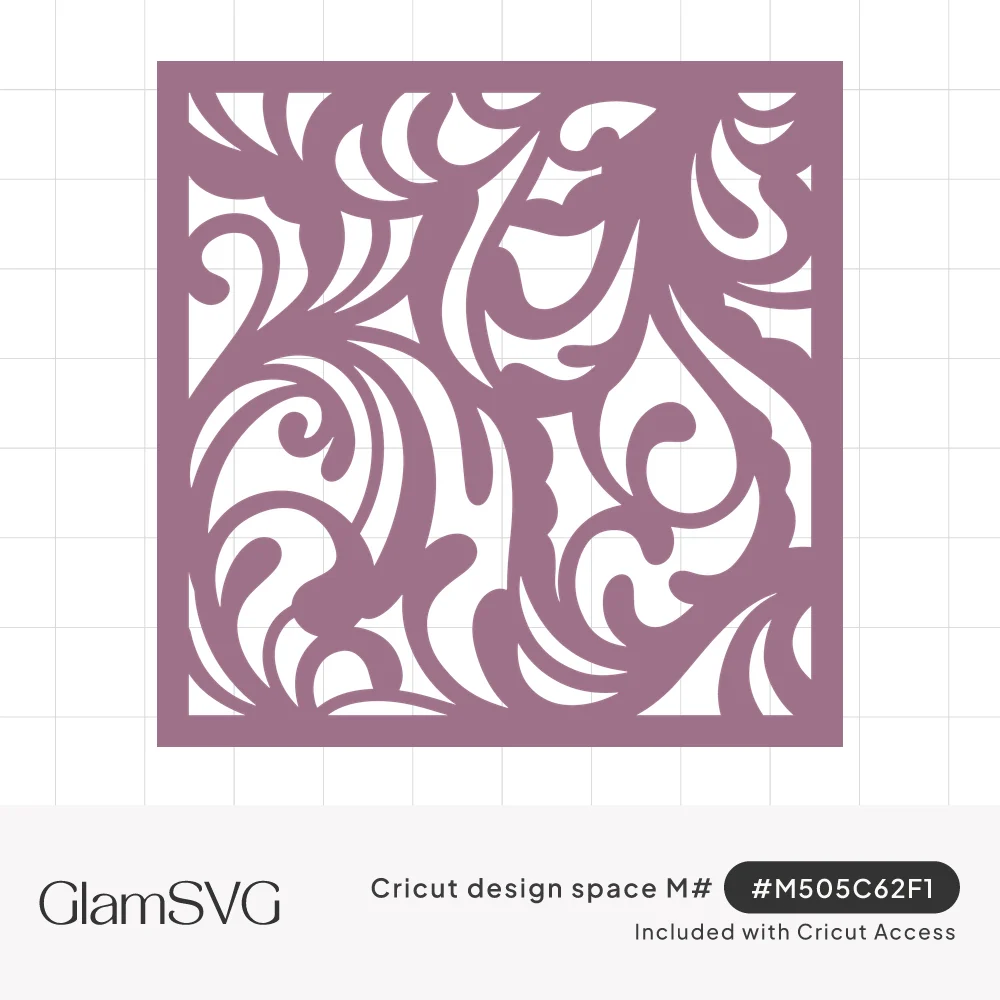 Square mauve panel with swirling flourish and scroll cutouts in an ornate filigree design