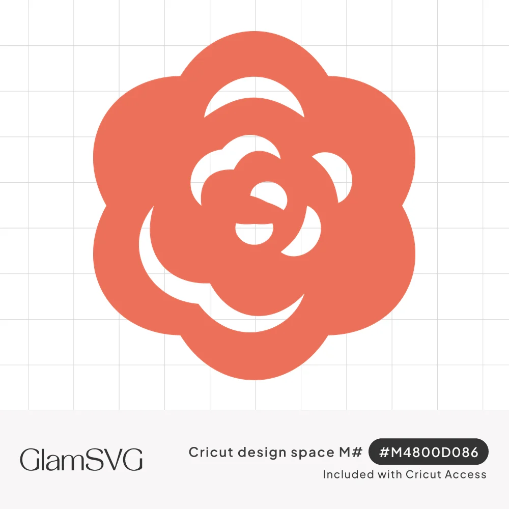 Coral rose silhouette with scalloped outer petals and white crescent cutouts spiraling toward the center