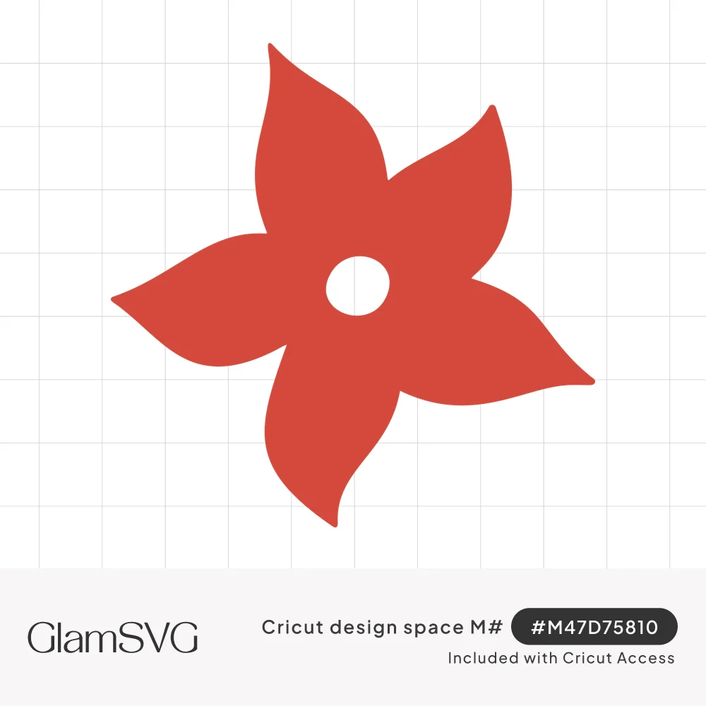 Red five-petal flower silhouette with pointed curving petals and a small round hole in the center