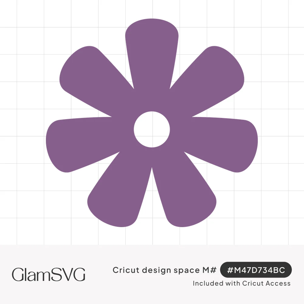 Purple six petal flower silhouette with rounded petals and a small round cutout in the center