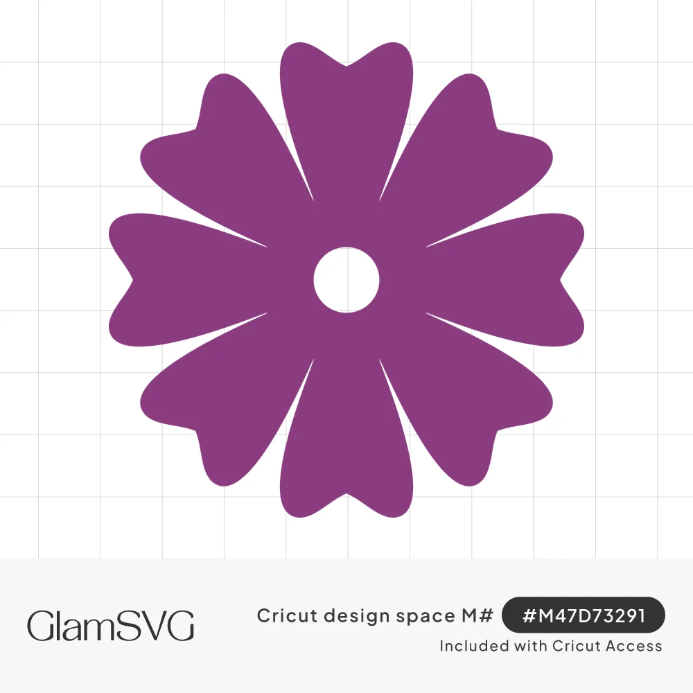 Purple flower silhouette with eight notched, heart-tipped petals and a round open center