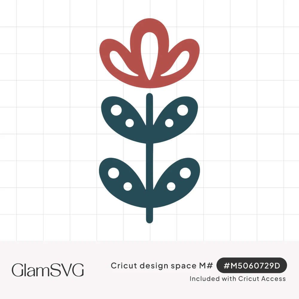 Folk art flower with a red scalloped bloom on a straight stem and four teal leaves decorated with white dots
