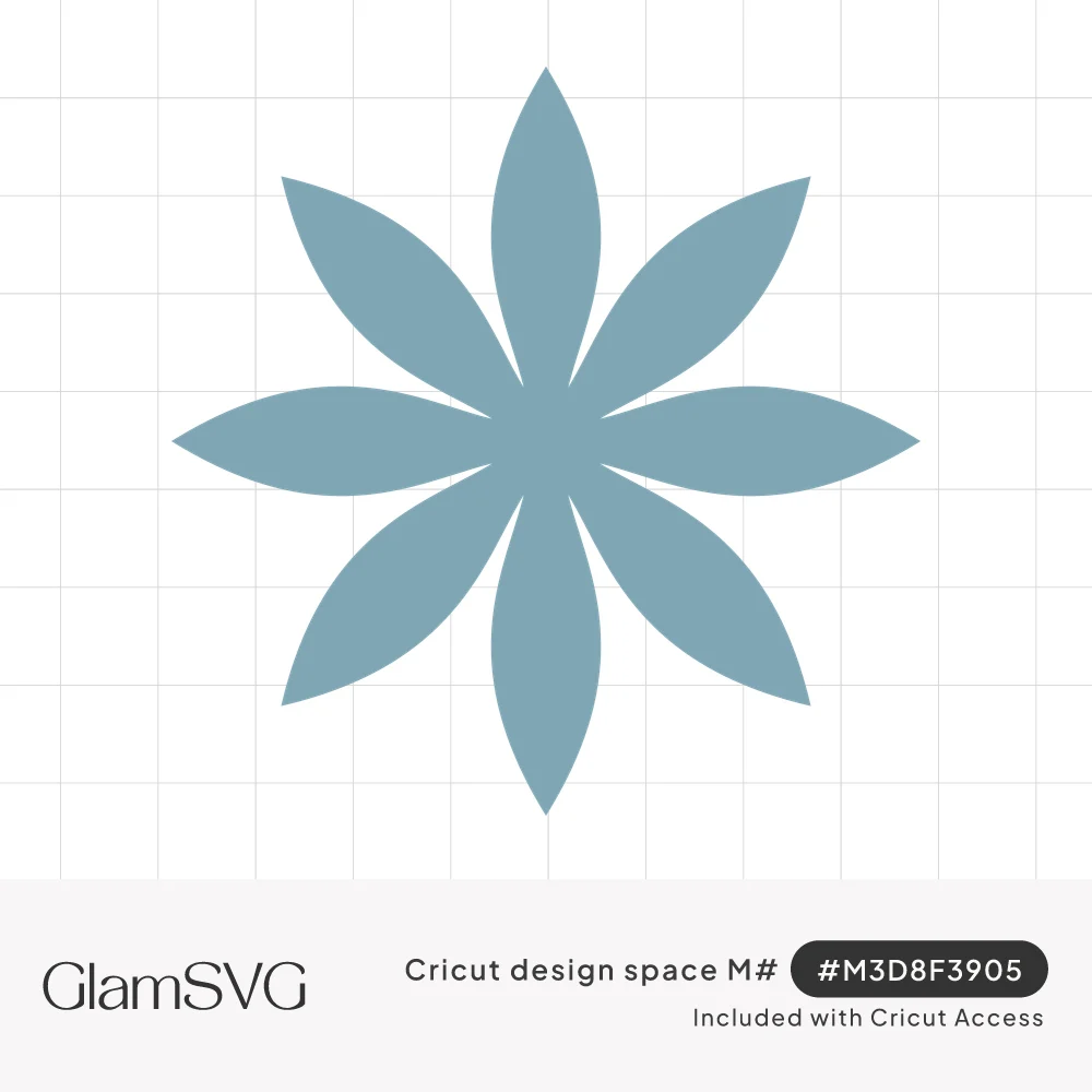 Dusty blue flower silhouette with eight slender pointed petals radiating evenly from the center