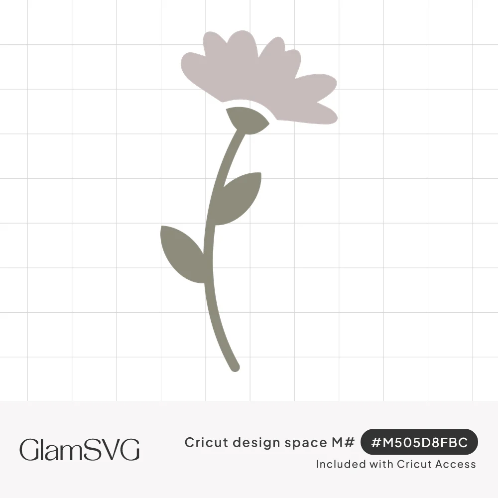 Minimalist flower with a dusty mauve bloom on a curved sage green stem with three leaves