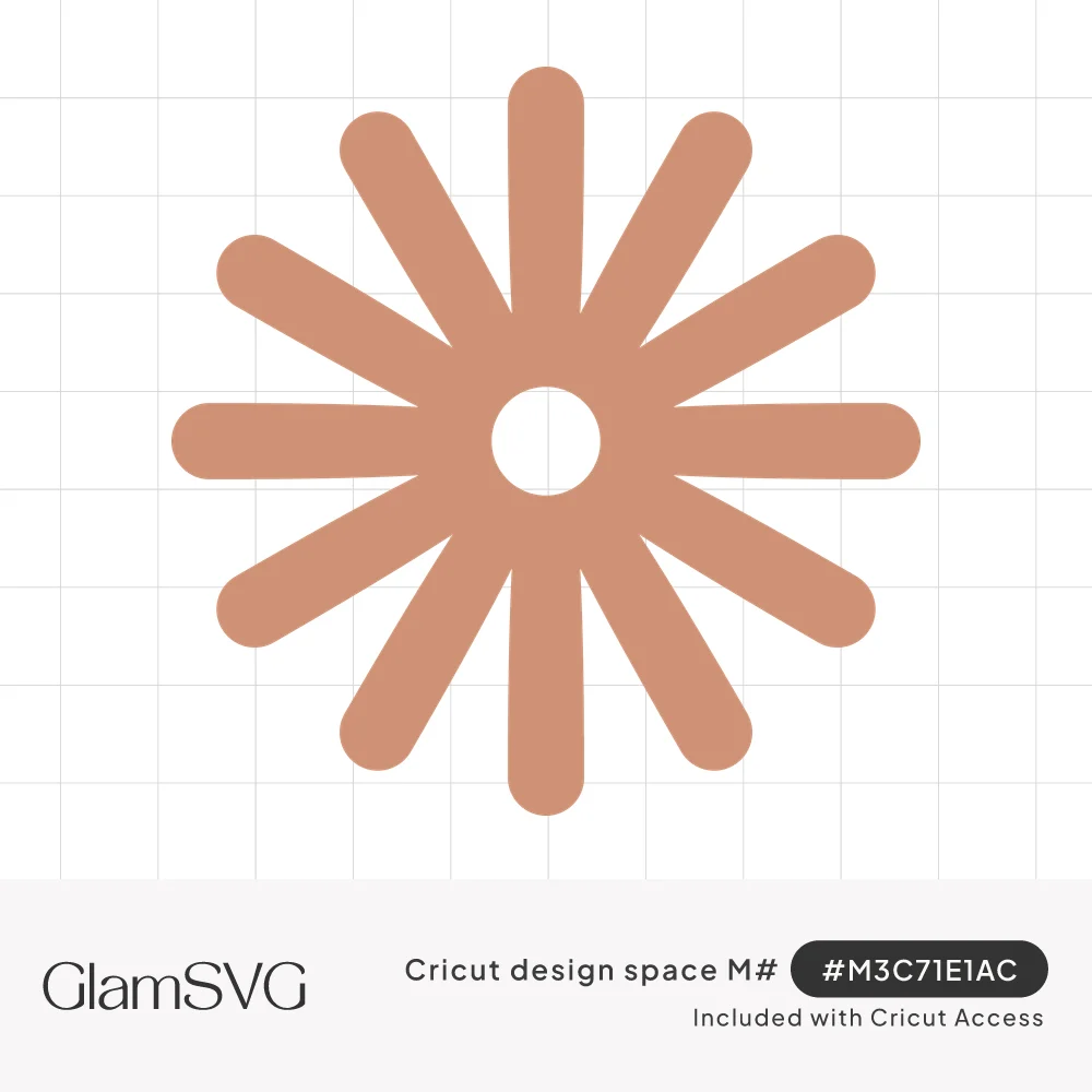 Solid terracotta minimalist flower with fourteen rounded petal strokes radiating from an open circle center