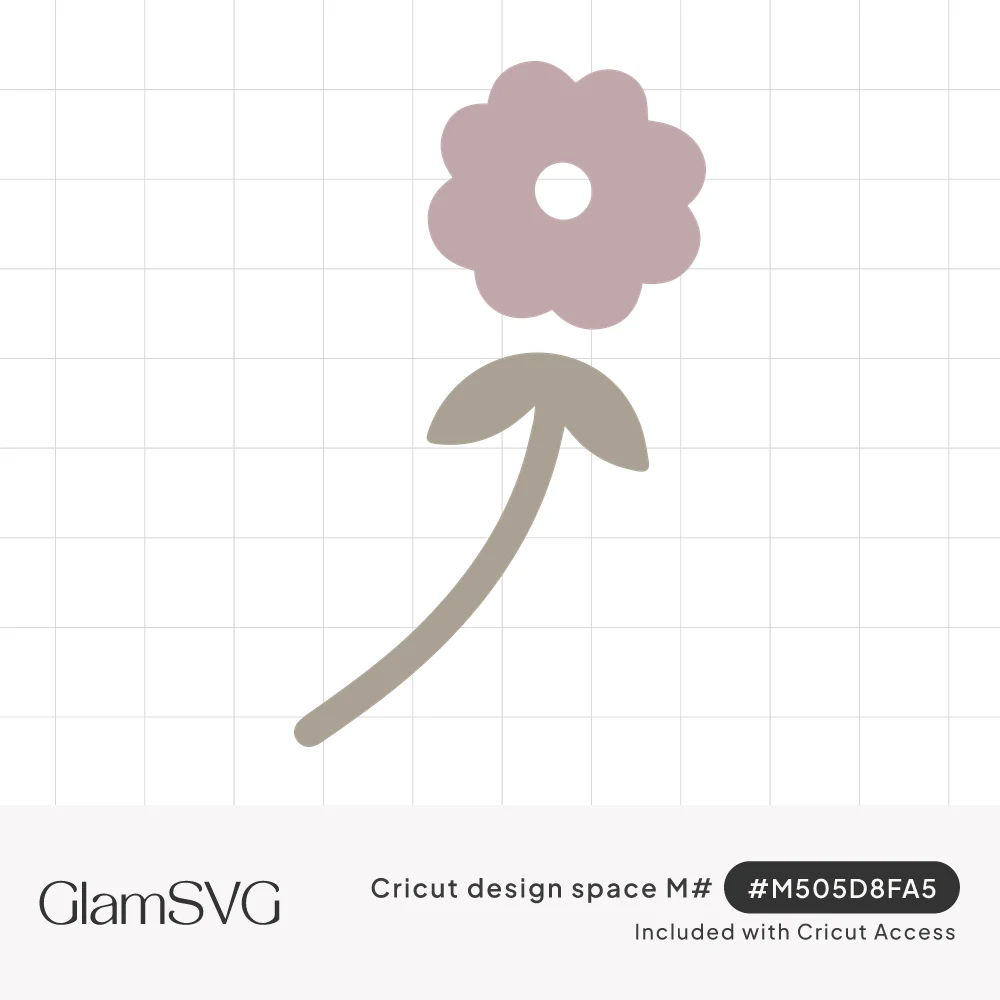 Minimalist pink scalloped flower with a small open center on a curved taupe stem with two rounded leaves