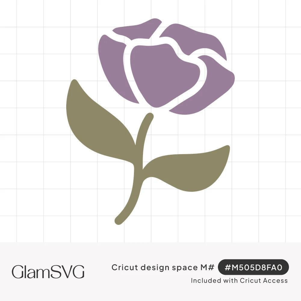 Simple mauve flower with overlapping petals on a curved olive green stem with two leaves