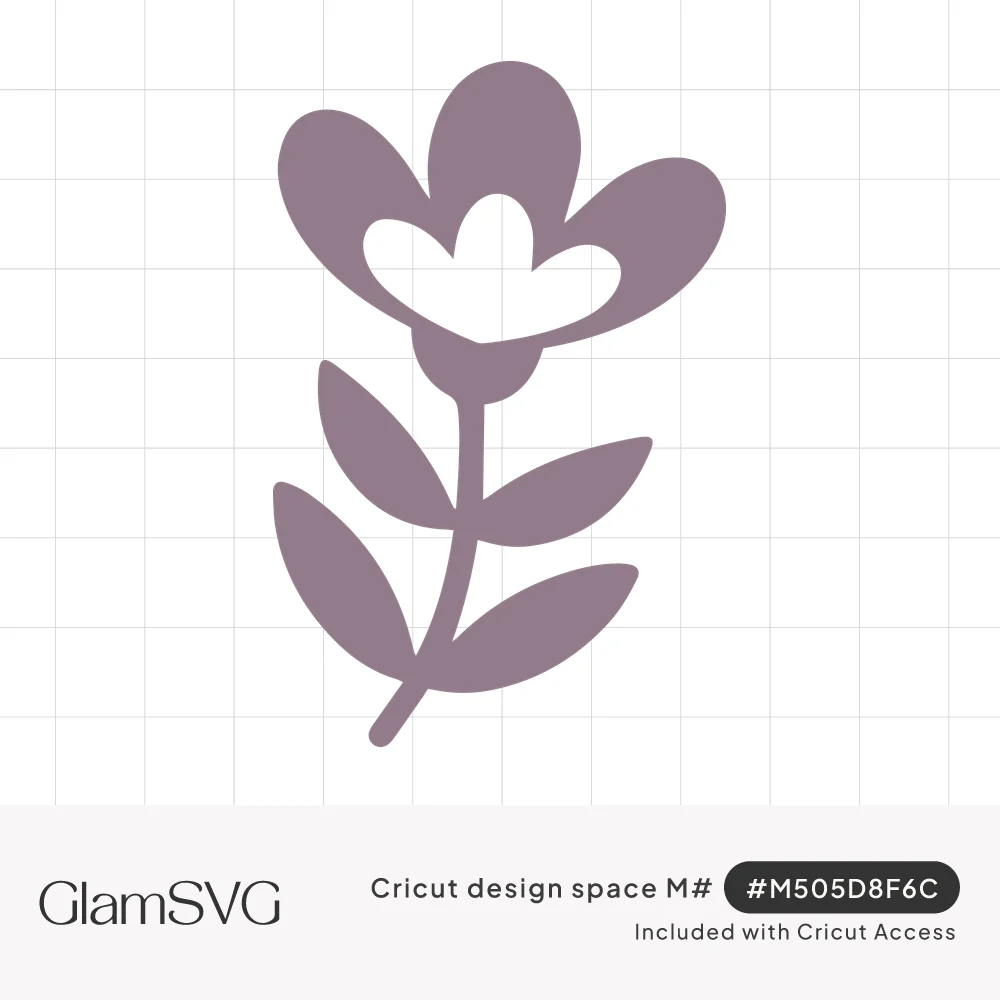 Mauve flower silhouette with three rounded petals, a cutout bloom-shaped center and a curving stem with five leaves