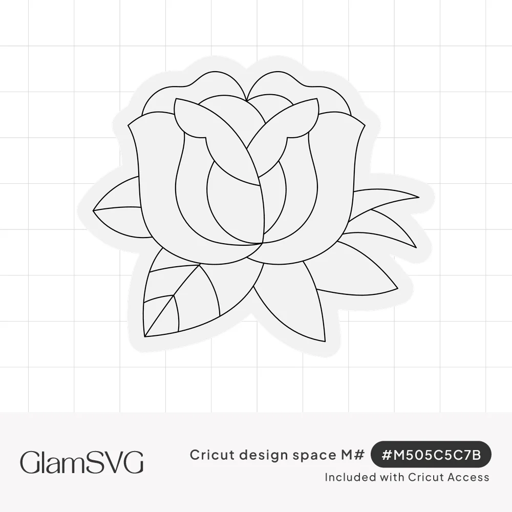 White rose line art with gray outlined petals and leaves inside a scalloped sticker-style border