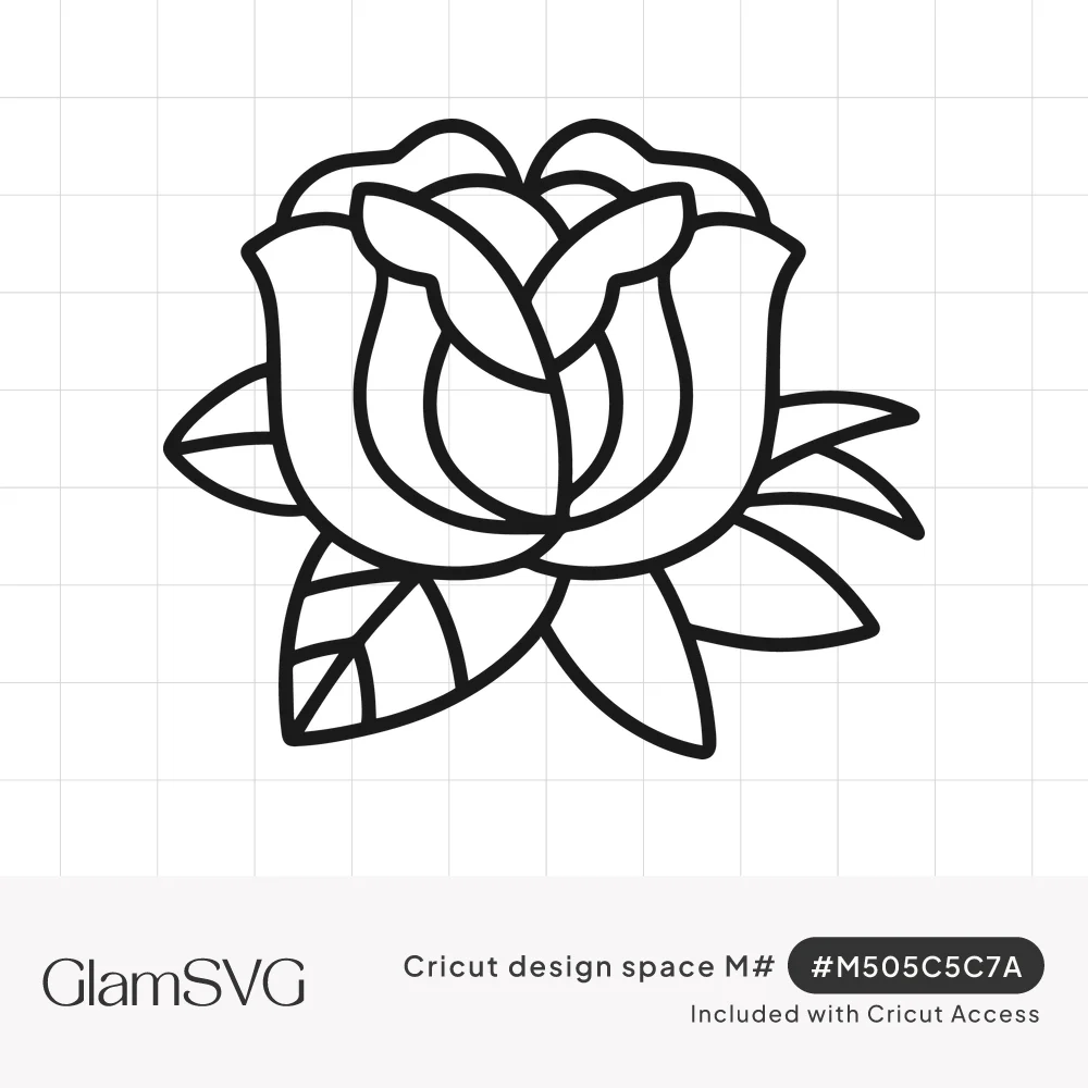 Black line drawing of a rose bloom with layered cupped petals and pointed leaves in a bold outline style