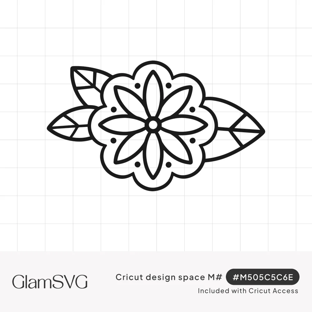 Black outline drawing of a scalloped flower with pointed inner petals, small dots and three veined leaves