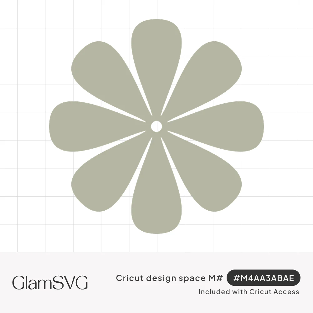 Sage green flower silhouette with eight rounded teardrop petals around a small open circle center